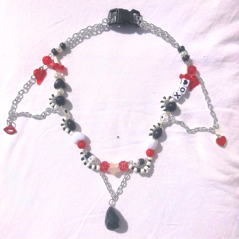 Beaded Choker Red Black Silver Chain Necklace Maximalist Jewelry 90s Nostalgia
